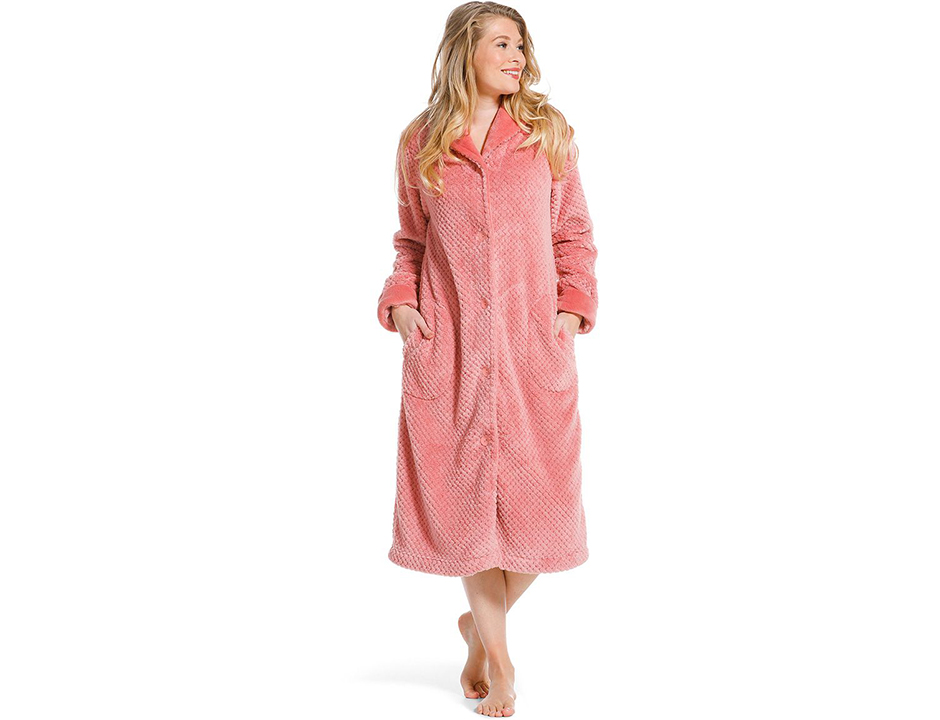 Koraal roze damesbadjas met knopen - zacht fleece