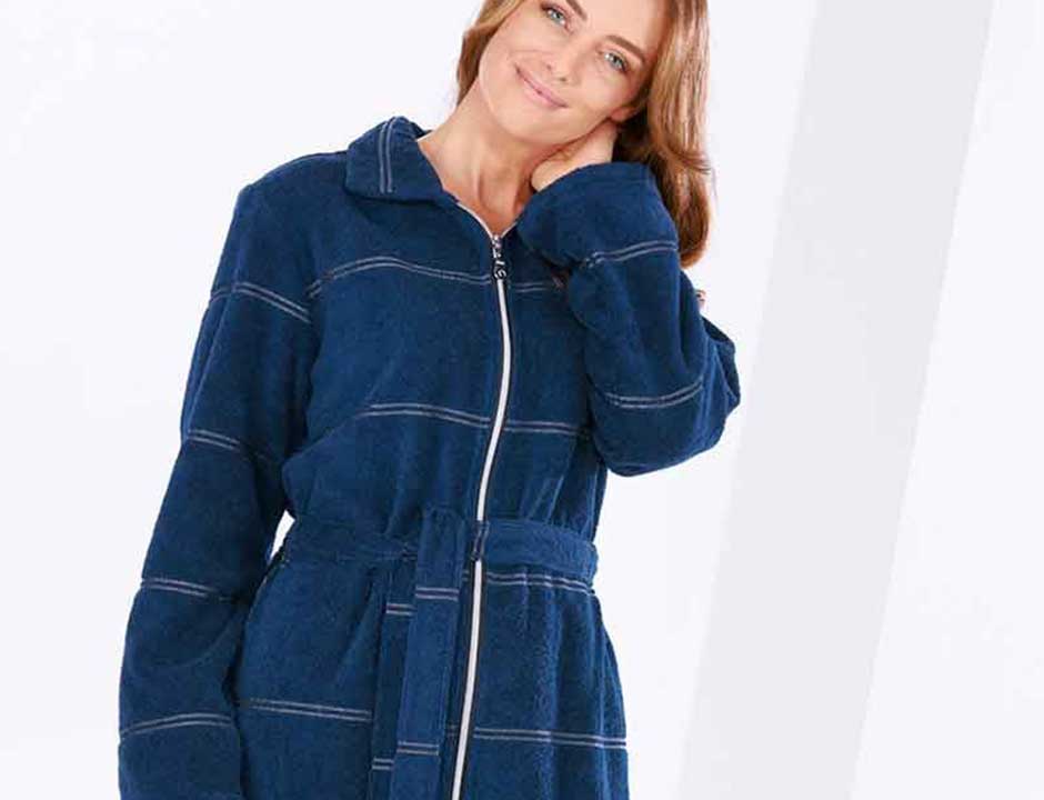 Lange badjas met rits - donkerblauw