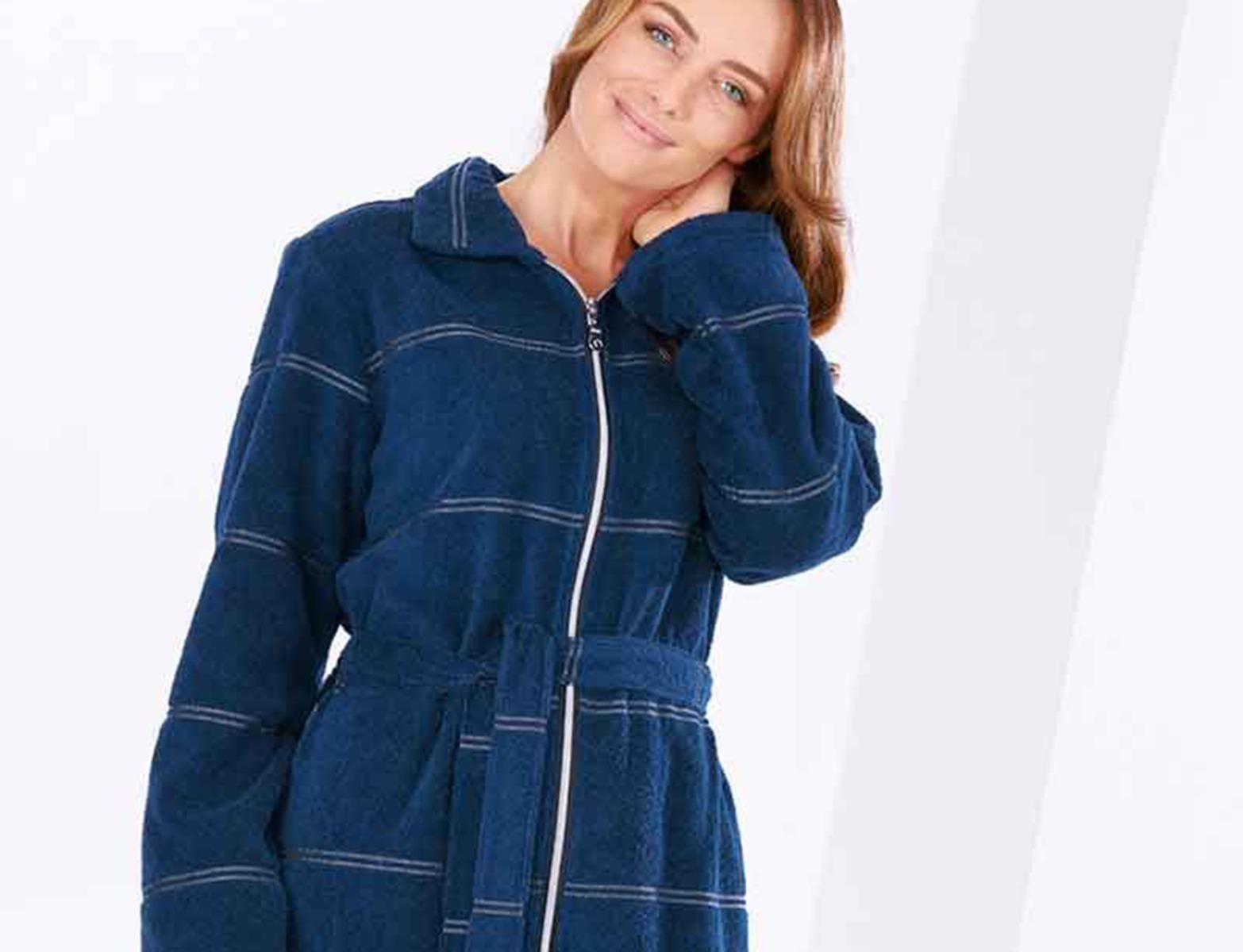 Lange badjas met rits - donkerblauw