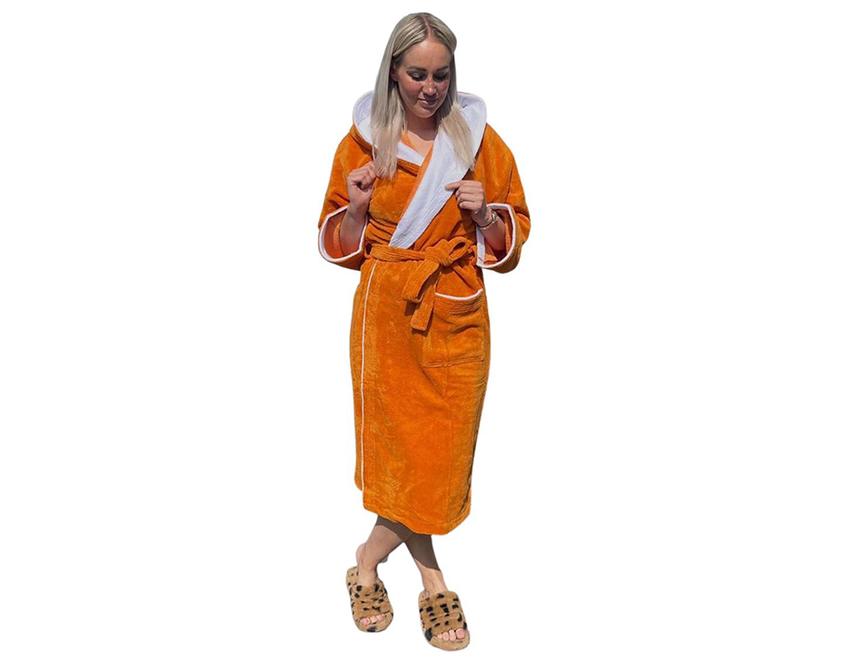 Oranje badjas met capuchon - sauna