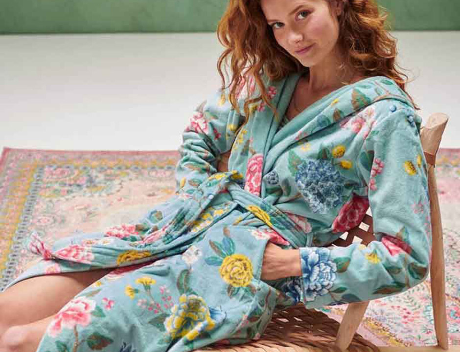 Blauwe dames badjas bloemenprint - Pip Studio