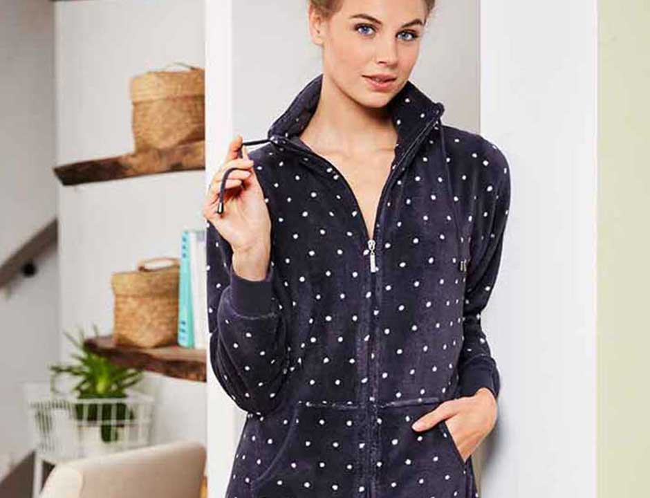 Grijze badjas met stipjes - Ritssluiting