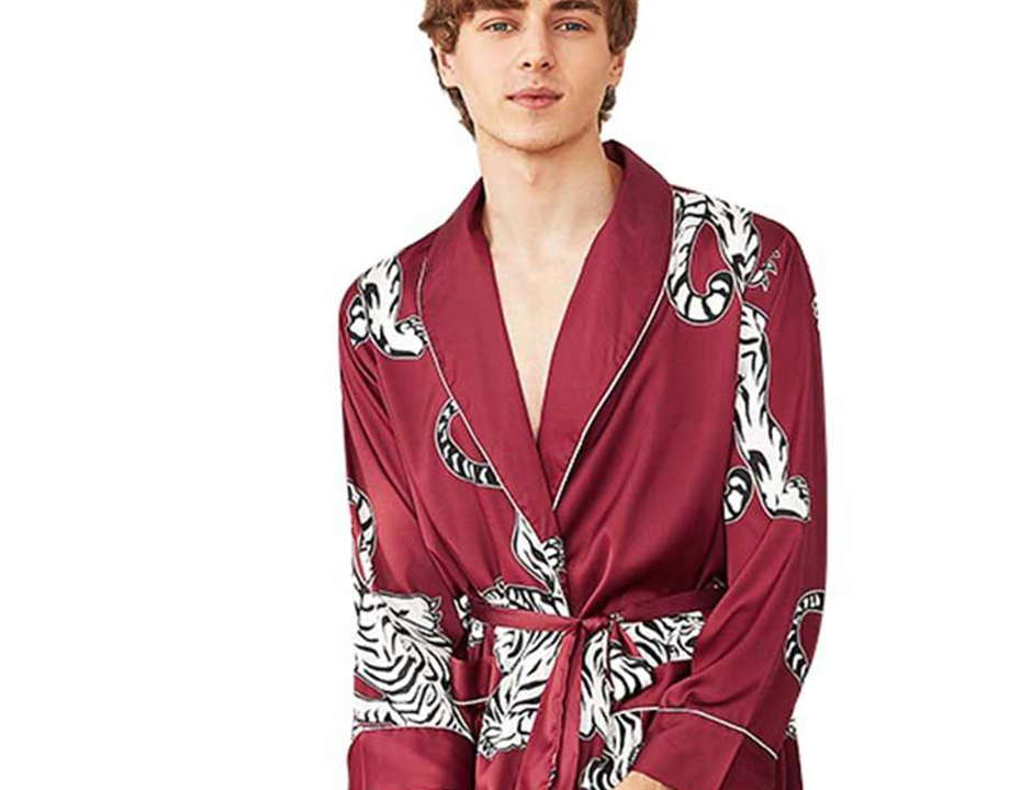 Satijnen herenbadjas tijgers- bordeaux