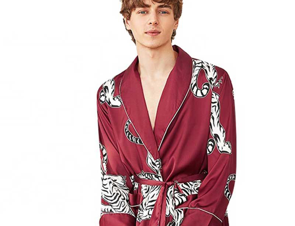 Satijnen herenbadjas tijgers- bordeaux