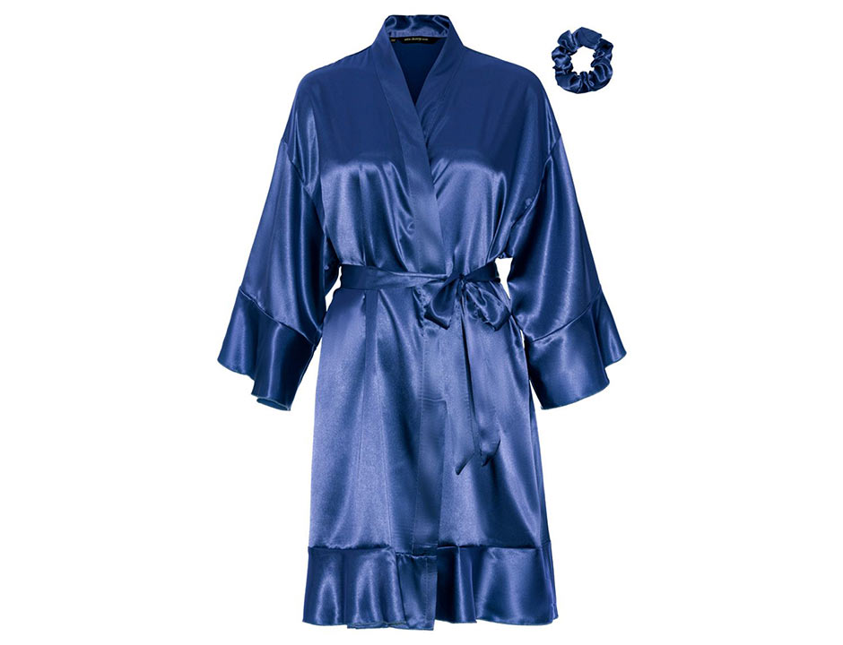 Satijnen kimono dames ruffle – donker blauw