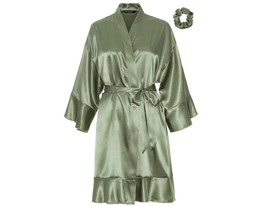 Satijnen kimono dames ruffle – olijfgroen