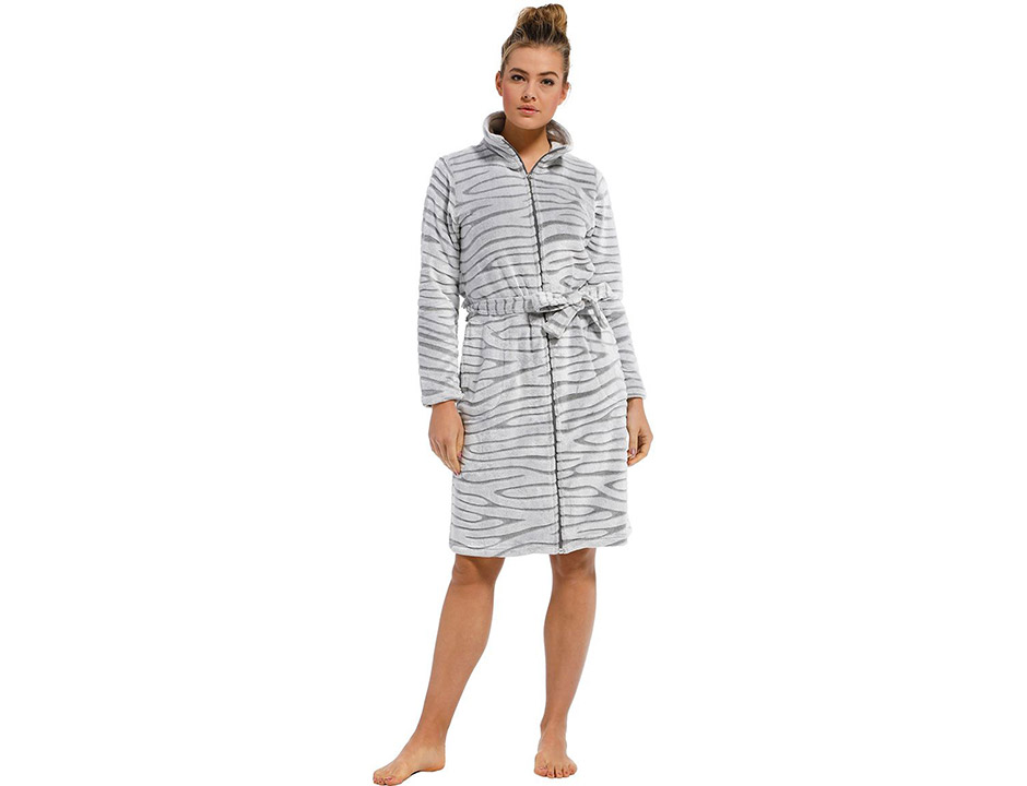 Licht grijze damesbadjas met rits - fleece