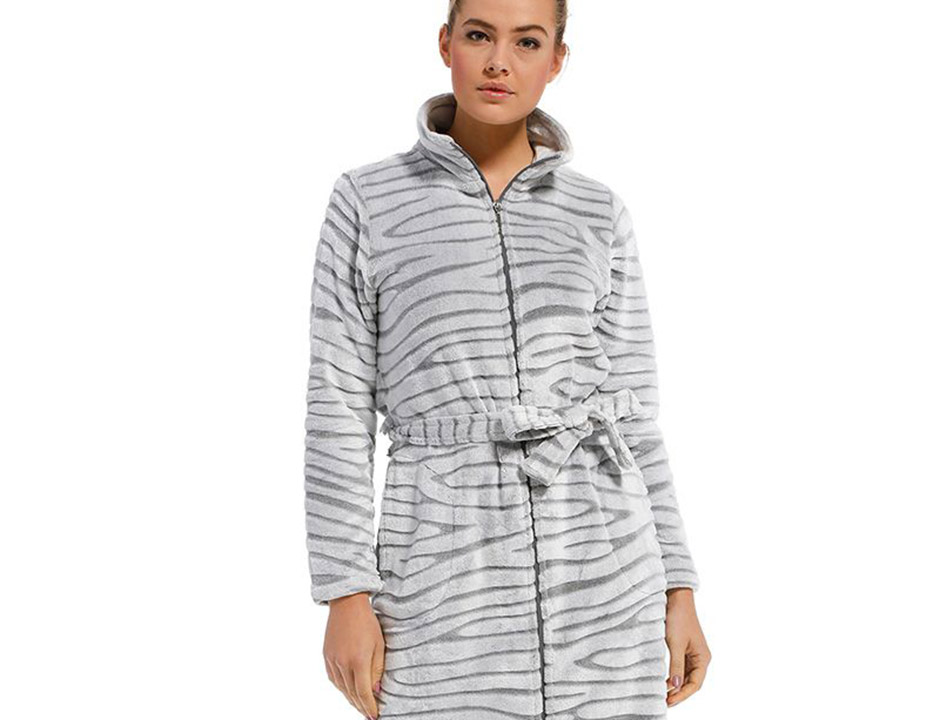 Licht grijze damesbadjas met rits - fleece