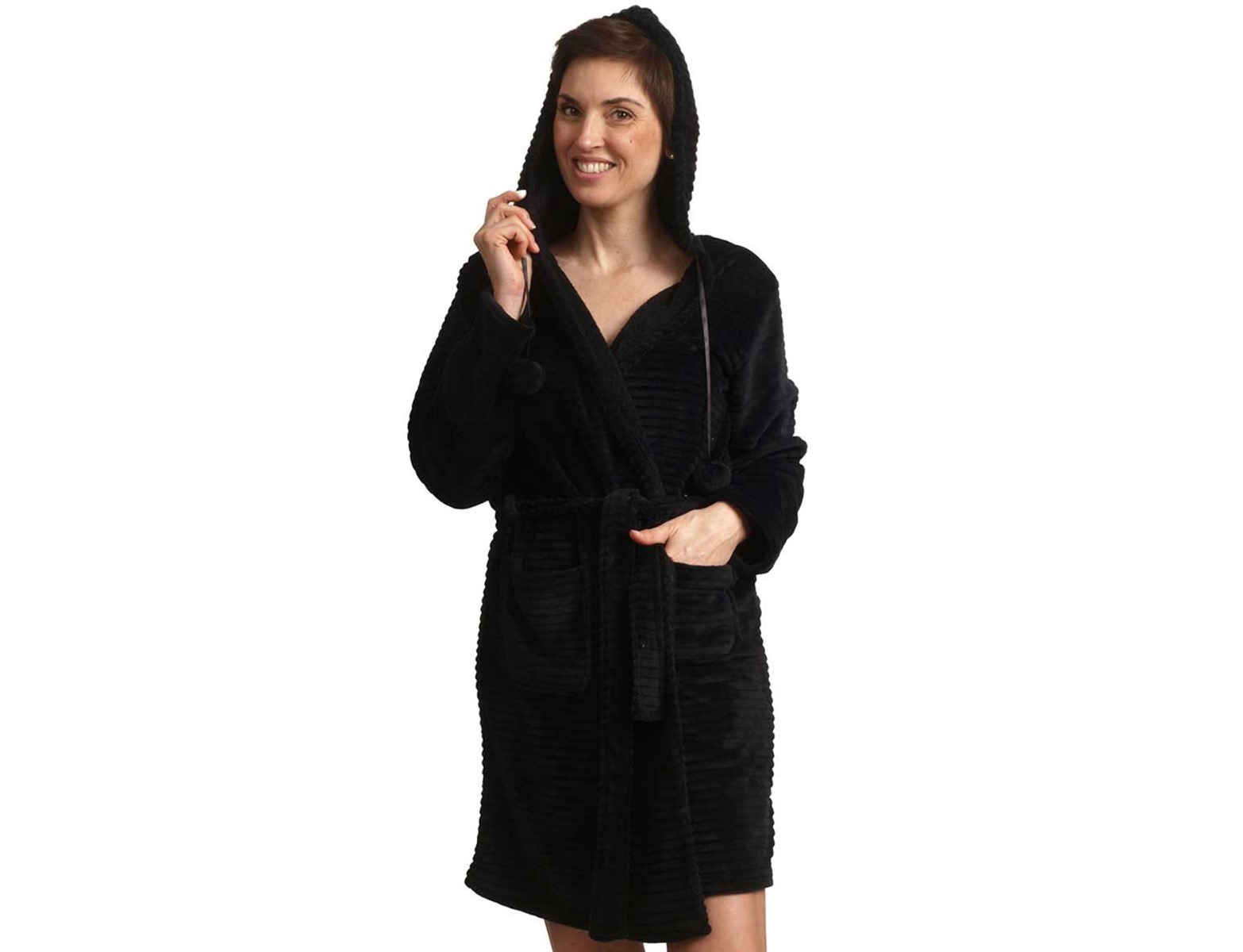 Zwarte fleece badjas met capuchon – kort model