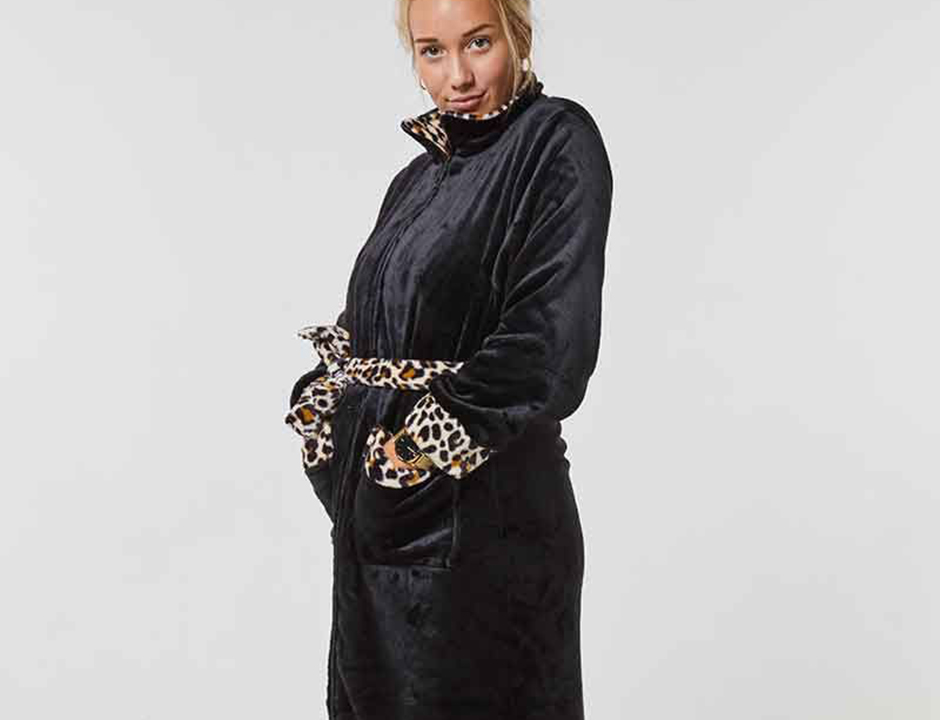 Badjas zwart met ritssluiting - panter details