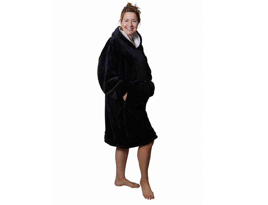 Snuggie met capuchon – fleece poncho zwart